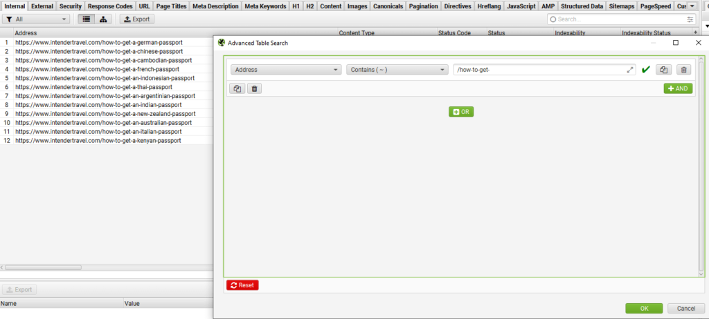 screenshot of screaming frog seo crawler with advanced table search